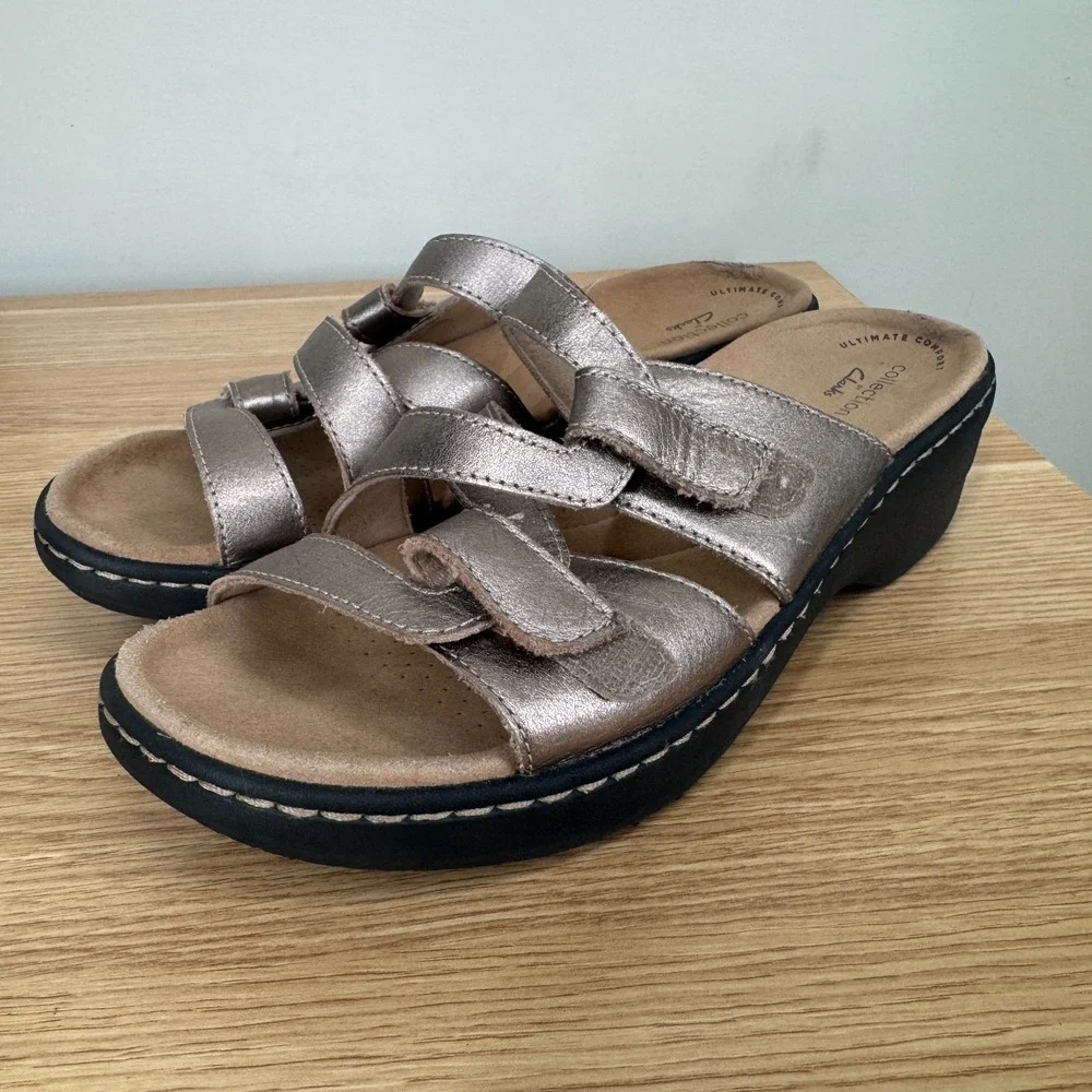 Clarks Collection Gold Metallic Merliah Karli Leather Slide Sandals Size 8 Exc!